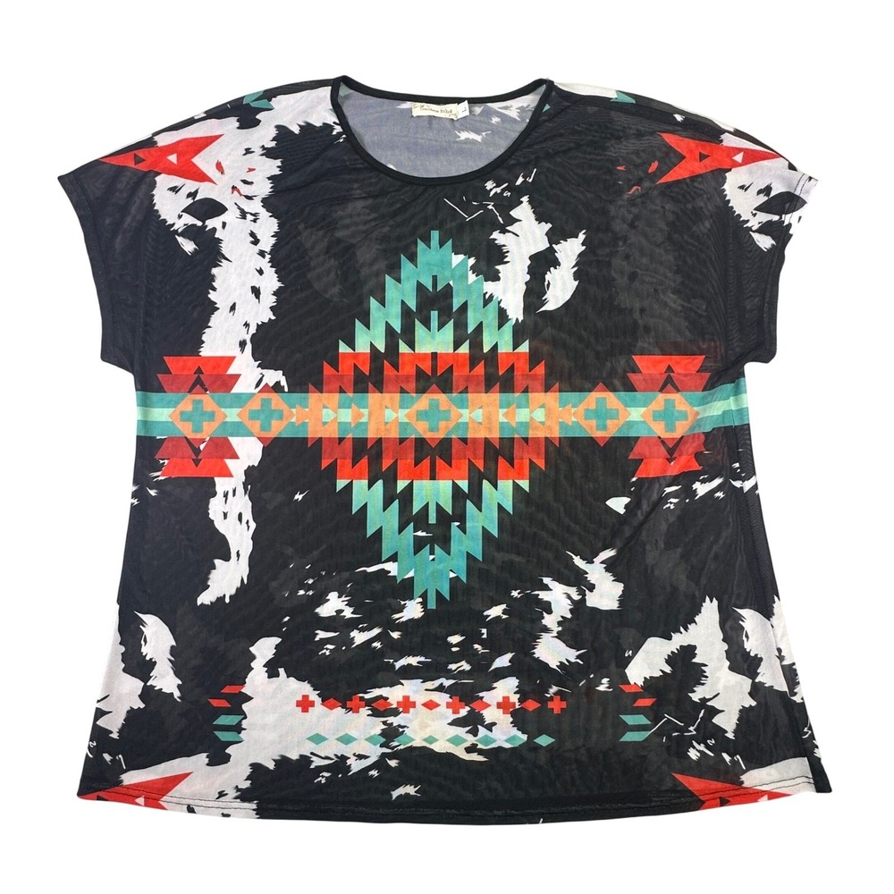 Southern Stitch Shirt Women's Large Southwestern‎ Aztek Cowhide Mesh Cowgirl